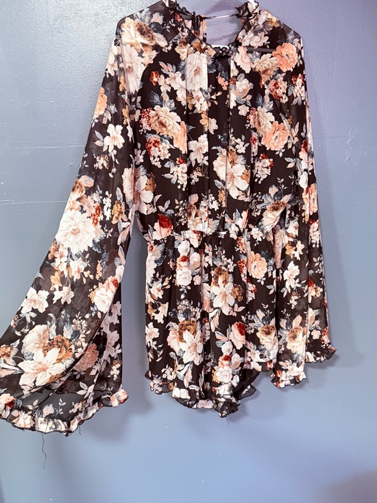 Pants - Black Floral Sheer Long-bell Sleeved Romper.
